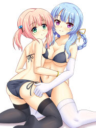 2girls absurdres ass bikini black_bikini black_panties blue_hair breasts christine_ketoura elbow_gloves gloves green_eyes highres iris_mysteria! large_breasts multiple_girls olivie_cromwright panties pink_hair purple_eyes smile swimsuit tamba_i thighhighs thighs underwear variant_set white_background white_thighhighs yuri