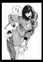 Rule 34 | ..., 1boy, 1girl, :p, bent over, black border, bob cut, border, breasts, business suit, folder, formal clothes, glasses, hachinuki tetsuyo, hand on own hip, highres, holding, holding folder, jacket, jimiko, jitome, large breasts, long legs, long sleeves, looking at viewer, mob face, necktie, o3o, office lady, original, pencil skirt, round eyewear, secretary, she (hachinuki tetsuyo), simple background, skirt, skirt suit, speech bubble, suit, suit jacket, swept bangs, tongue, tongue out, white background