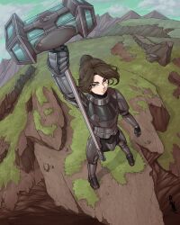 Rule 34 | 1girl, absurdres, armor, blue sky, brown hair, buhbuhbored, cliff, cloud, cloudy sky, gauntlets, grass, highres, holding, holding weapon, looking at viewer, mole, mole under eye, mountainous horizon, orange eyes, pawn (rimworld), plate armor, rimworld, signature, sky, solo, war hammer, weapon