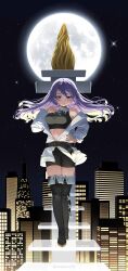 1girl absurdres belt black_nails black_shorts boots breasts city colored_inner_hair commentary crop_top floating_stairs full_moon hand_on_own_hip highres hololive hololive_indonesia jacket large_breasts long_hair midriff monument moon moona_hoshinova multicolored_hair navel night purple_eyes purple_hair rem_moon shorts sky star_(sky) starry_hair starry_sky thigh_boots twitter_username virtual_youtuber white_jacket