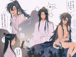 ! 1boy 1girl ? ahoge alternate_costume alternate_hairstyle black_hair blush breasts chinese_clothes chinese_text cleavage completely_nude eyelashes genderswap genderswap_(mtf) hair_between_eyes hair_censor hair_down hair_over_breasts hair_ribbon hanfu headband hetero heyoubuyou highres lan_wangji long_hair long_sleeves looking_at_another medium_breasts modao_zushi multiple_views musical_note nude open_mouth plant ponytail purple_eyes red_ribbon ribbon robe rock sidelocks sitting smile speech_bubble sweatdrop thought_bubble topknot very_long_hair wei_wuxian wet wet_hair white_hanfu white_headband yellow_eyes