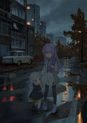 a.i._voice black_dress black_pantyhose blue_eyes blush boots building car closed_mouth dress expressionless full_body highres holding holding_hands holding_stuffed_toy kizuna_akari kizuna_akari_(moe) lamppost long_hair long_sleeves looking_at_viewer motor_vehicle neck_ribbon night outdoors overcast pantyhose power_lines puddle purple_eyes purple_hair purple_ribbon reflection reflective_water ribbon road school_uniform shirt skirt sky smile standing stuffed_animal stuffed_rabbit stuffed_toy trabant trabant_601 tree urban voiceroid white_hair white_pantyhose white_shirt white_skirt yamamomo_(plank) yuzuki_yukari yuzuki_yukari_(tsubomi)