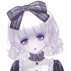Rule 34 | 1girl, bad link, black bow, black choker, black dress, blunt bangs, bow, bow choker, buttons, chinese commentary, choker, closed mouth, commentary request, dot nose, dress, eyelashes, eyeshadow, frilled choker, frilled dress, frills, frown, hair bow, head tilt, infinity nikki, lipstick, livie (infinity nikki), looking at viewer, makeup, nikki (series), pale skin, puffy short sleeves, puffy sleeves, purple eyes, purple eyeshadow, purple lips, sad, shirt, shirt under dress, short hair, short sleeves, simple background, solo, striped bow, upper body, wavy hair, white background, white hair, white shirt, zhike tangjiang