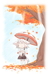 1girl :&lt; animal_ears autumn_leaves black_skirt blush chibi commentary_request day falling_leaves full_body hat hc2002 highres holding holding_umbrella inubashiri_momiji leaf long_sleeves medium_hair o_o one-hour_drawing_challenge outdoors red_hat shirt skirt solid_circle_eyes solo tail thighhighs tokin_hat touhou tree umbrella white_hair white_shirt white_thighhighs wide_sleeves