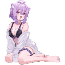 1girl :3 :d ahoge animal_ears barefoot black_bra bra braid cat_ears cat_girl cat_tail closed_mouth crossed_bangs double-parted_bangs fang frilled_bra frills full_body gong_xu_yamii hair_between_eyes hair_ribbon highres hololive jacket lace lace-trimmed_bra lace_trim lingerie looking_at_viewer nail_polish nekomata_okayu off_shoulder open_mouth purple_eyes purple_hair purple_nails red_ribbon ribbon short_hair side_braids simple_background sitting skin_fang sleeves_past_fingers sleeves_past_wrists smile solo tail thigh_scrunchie toenail_polish toenails transparent_background underwear virtual_youtuber white_jacket yokozuwari