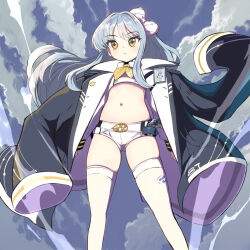 Rule 34 | 1girl, :/, air current, black jacket, blue hair, bow, cloud, collared shirt, crop top, cropped shirt, feet out of frame, from below, goddess of victory: nikke, gun, hair bow, handgun, highres, holster, id card, jacket, jacket on shoulders, light blush, long hair, long sleeves, looking ahead, necktie, oversized jacket, shirt, short shorts, shorts, sky, sky (nikke), standing, syope, thighhighs, two-sided fabric, two-sided jacket, weapon, white background, white shorts, white thighhighs, yellow eyes, yellow necktie