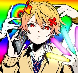 blonde_hair blue_necktie cardigan cd cellphone closed_mouth commentary dappou_rock_(vocaloid) extra_arms fire glowstick gradient_background hair_ornament holding holding_glowstick holding_phone long_sleeves looking_at_viewer necktie phone project_sekai rainbow_gradient red_eyes ringed_eyes shirt smartphone solo taro14_tea tenma_tsukasa white_shirt x_hair_ornament yellow_cardigan