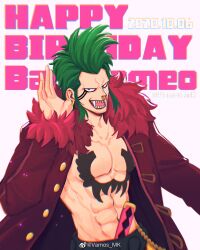 1boy abs absurdres bare_pectorals bartolomeo coat cupping_ears dated earrings facial_mark fangs green_hair happy_birthday highres jewelry long_sleeves male_focus nose_piercing nose_ring one_piece open_clothes open_mouth pectorals piercing red_coat sharp_teeth short_hair solo teeth toned toned_male vamos_mk white_background