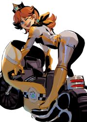 1girl blue_eyes bodysuit boots brown_hair crown earrings flower_earrings gloves jewelry luistopxeroso mario_(series) mario_kart mini_crown motor_vehicle motorcycle nintendo one_eye_closed princess_daisy racing_suit scarf solo
