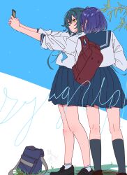 2girls absurdres atenaba black_socks blue_neckerchief blue_sailor_collar blue_skirt cellphone gakuen_idolmaster green_hair hair_flaps hataya_misuzu highres holding holding_phone idolmaster kneehighs looking_at_phone multiple_girls neckerchief phone pleated_skirt purple_hair sailor_collar school_uniform selfie serafuku shirt skirt socks tsukimura_temari white_shirt white_socks