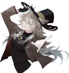 1girl akira_(18620487537) alternate_costume animal_ears arknights black_dress black_gloves black_hat blue_eyes breasts brown_jacket commentary dress ears_through_headwear english_commentary extra_ears gloves grey_hair grin hair_ornament hairclip hand_on_headwear hat jacket jewelry lappland_(arknights) long_hair long_sleeves looking_at_viewer medium_breasts necklace open_clothes open_jacket outstretched_hand parted_lips scar scar_across_eye scar_on_face sharp_teeth simple_background single_glove smile solo teeth top_hat white_background wolf_ears