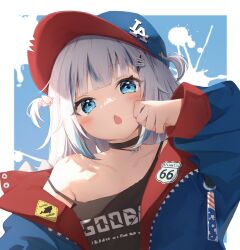 1girl alternate_costume baseball_cap black_choker blue_eyes blue_hair blue_hat blue_jacket blush border chestnut_mouth choker clothes_writing commentary_request commission flat_chest gawr_gura grey_hair hair_ornament hand_up hat highres hololive hololive_english jacket long_sleeves looking_at_viewer los_angeles_dodgers multicolored_hair open_clothes open_shirt outside_border pixiv_commission road_sign_hair_ornament seboneko sidelocks solo strap_slip streaked_hair tank_top two_side_up upper_body virtual_youtuber white_border