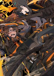 2boys absurdres antlers aqua_eyes armor belt black_gloves black_hair black_pants blood blood_from_mouth blood_on_clothes blood_on_face clash commentary english_commentary fangs furrowed_brow gloves heathcliff_(project_moon) high_ponytail highres holding holding_knife holding_polearm holding_weapon hong_lu_(project_moon) horns itokenaikei knife leg_armor limbus_company long_hair looking_at_another male_focus medium_hair multiple_boys open_mouth pants polearm ponytail project_moon purple_eyes r_corp._(identity)_(project_moon) scar scar_on_face shoulder_armor smile sweatdrop teeth weapon