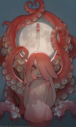 1girl badou_(zhaoyebai) colored_skin completely_nude full_moon highres looking_at_viewer monster_girl moon non-web_source nude open_mouth original pink_skin scylla simple_background smile tentacle_hair tentacles water watermark web_address zhaoyebai