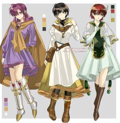 3girls absurdres black_hair black_undershirt bob_cut boots brown_boots brown_eyes closed_mouth elbow_gloves fire_emblem fire_emblem:_radiant_dawn fire_emblem:_the_blazing_blade gloves green_eyes hair_ornament highres jewelry knee_boots laura_(fire_emblem) multiple_girls necklace nintendo omlililimo pendant priscilla_(fire_emblem) red_hair short_hair turtleneck white_gloves wing_hair_ornament