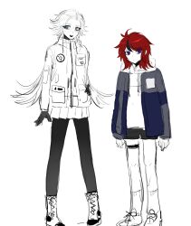 2girls aotsuki_eito black_gloves black_hair blue_eyes female_focus full_body genderswap genderswap_(mtf) glasses gloves highres hood hoodie long_hair multicolored_eyes multicolored_hair multiple_girls red_eyes red_hair simple_background skirt standing sumino_takumi the_hundred_line_-last_defense_academy- white_background white_hair white_skirt