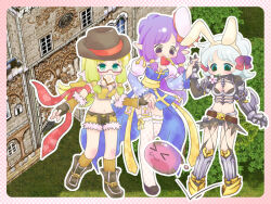3girls :3 animal_ears arch_bishop_(ragnarok_online) arm_blade armband armor armored_boots bikini_armor black_boots black_gloves black_shorts black_socks blonde_hair blue_dress boots bow bread bread_slice breasts brown_eyes brown_gloves brown_hat brown_socks cleavage cleavage_cutout closed_mouth clothing_cutout commentary_request cowboy_hat crop_top cross dress fake_animal_ears fingerless_gloves fishnet_thighhighs fishnets food food_in_mouth frilled_thighhighs frills full_body fur-trimmed_gloves fur-trimmed_shirt fur-trimmed_shorts fur_trim game_screenshot_background gauntlets glasses gloves green_eyes guillotine_cross_(ragnarok_online) hat juliet_sleeves long_hair long_sleeves looking_at_viewer medium_breasts midriff mouth_hold multiple_girls navel pointy_ears polka_dot_border poring pu-mi puffy_sleeves purple_hair rabbit_ears ragnarok_online red-framed_eyewear red_bow sash screenshot_background shirt short_hair shorts shrug_(clothing) sleeveless sleeveless_shirt slime_(creature) sniper_(ragnarok_online) socks thighhighs toast toast_in_mouth two-tone_dress two-tone_gloves two-tone_shorts weapon white_dress white_hair white_thighhighs yellow_sash yellow_shirt yellow_shorts