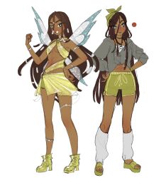 1girl abs aisha_(winx_club) aqua_eyes armlet bare_shoulders black_choker blue_wings boots bow bracelet breasts bright_pupils brown_hair chain chain_necklace choker clenched_hand color_guide commentary cornrows crop_top dark-skinned_female dark_skin english_commentary fairy fairy_wings full_body glitter green_boots green_bow green_headscarf green_sandals green_shirt green_shorts green_skirt grey_eyes grey_hoodie grin hair_between_eyes halter_shirt halterneck hands_on_own_hips happy headscarf heterochromia high_heel_boots high_heels highres hood hood_down hoodie jewelry knees leg_warmers lock_necklace long_hair long_hair_between_eyes long_sleeves magical_girl midriff miniskirt navel necklace o-ring platform_sandals puffy_long_sleeves puffy_sleeves redesign reference_sheet sandals shirt shorts side_slit sidelocks simple_background skirt skirt_set smile thighlet tomboy toned toned_female transparent_wings underboob variations very_long_hair white_background white_leg_warmers white_pupils white_shirt wikate wings winx_club