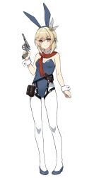 Rule 34 | 1girl, alternate costume, animal ears, bare shoulders, blonde hair, blue leotard, blue shoes, breasts, brown eyes, closed mouth, collar, commentary request, detached collar, fake animal ears, feather hair ornament, feathers, full body, girls&#039; frontline, girls&#039; frontline 2: exilium, gun, hair ornament, handgun, highres, holding, holding gun, holding weapon, holster, korean commentary, leotard, looking at viewer, medium hair, nagant (girls&#039; frontline 2), nagant m1895, nagant revolver (girls&#039; frontline), nanju bami, pantyhose, playboy bunny, pouch, rabbit ears, red scarf, revolver, scarf, shoes, simple background, small breasts, smile, solo, standing, trigger discipline, weapon, white background, white collar, white pantyhose, white wrist cuffs, wrist cuffs