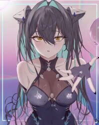 1girl aqua_hair black_bodysuit black_nails bodysuit breasts bubble cleavage colored_inner_hair covered_navel goddess_of_victory:_nikke hair_intakes highres little_mermaid_(nikke) multicolored_hair nail_polish see-through_bodysuit see-through_cleavage see-through_clothes solo user_mwxd2354 yellow_eyes