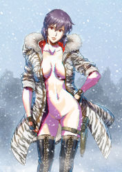 1girl azasuke boots bottomless camouflage camouflage_jacket collarbone cyborg fingerless_gloves fur-trimmed_jacket fur_trim ghost_in_the_shell gloves gun hand_on_own_hip handgun highres holster jacket kusanagi_motoko looking_at_viewer naked_jacket no_bra no_panties no_pussy pistol purple_hair red_eyes short_hair snow snowing standing weapon