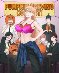 2boys 4girls absurdres alcohol black_hair black_jacket black_necktie black_pants blonde_hair bottle bra braid braided_ponytail brown_eyes brown_hair chainsaw_man cigarette collared_shirt demon_girl demon_horns denji_(chainsaw_man) dismaiden eyepatch formal_clothes hair_between_eyes hair_ornament hairclip hayakawa_aki higashiyama_kobeni highres himeno_(chainsaw_man) holding holding_bottle holding_cigarette horns jacket knife long_hair makima_(chainsaw_man) multiple_boys multiple_girls navel necktie pants pink_bra pink_hair pochita_(chainsaw_man) ponytail power_(chainsaw_man) pumpkin red_horns sharp_teeth shirt shirt_tucked_in short_ponytail sitting smoking suit_jacket table teeth topknot underwear white_shirt yellow_eyes