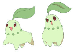 Rule 34 | chikorita, gen 2 pokemon, mary cagle, multiple views, nintendo, no humans, open mouth, pokemon, pokemon (creature), red eyes, simple background, smile, white background