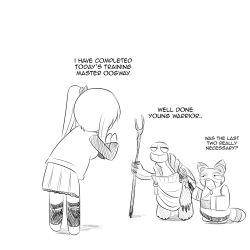 10s 1girl bad_id bad_pixiv_id bow chibi crossover english_text greyscale highres image_sample kawakami_mai kneehighs kung_fu_panda long_sleeves monochrome musaigen_no_phantom_world oogway pixiv_sample raccoon shifu side_ponytail simple_background skirt socks turtle wangphing