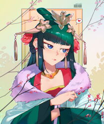 Rule 34 | 1girl, blue eyes, blunt bangs, branch, cesar art456, closed mouth, collarbone, earrings, flower, fur trim, green hair, hair flower, hair ornament, highres, jewelry, kusuriya no hitorigoto, long hair, long sleeves, looking to the side, makeup, maomao (kusuriya no hitorigoto), solo, wide sleeves