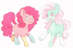 animal animal_focus blue_eyes commentary curly_hair doekis highres hooves horse in-franchise_crossover long_hair minty_(my_little_pony) my_little_pony my_little_pony:_friendship_is_magic my_little_pony_(g3) no_humans pink_eyes pink_hair pinkie_pie retro_artstyle simple_background tail white_background yume_kawaii