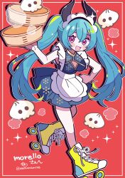 1girl :d absurdres ahirumamire apron aqua_hair artist_name bamboo_steamer black_horns blush boots borrowed_character breasts cleavage_cutout clothing_cutout colored_lineart commission commissioner_name crossed_bangs curled_horns deformed dot_nose double-parted_bangs dress food food-themed_creature foot_out_of_frame frilled_apron frilled_straps frills gold_trim grey_dress hair_between_eyes hand_on_own_hip hand_up happy heart heart-shaped_pupils highres holding_bamboo_steamer horns inset_border jaggy_lines knee_up long_hair looking_at_viewer maid_headdress mandarin_collar morello_(morellostorment) open_mouth original outline pale_skin pink_eyes pleated_dress print_dress recurring_image red_background roller_skates second-party_source signature skates sleeveless sleeveless_dress small_breasts smile solo sparkle standing standing_on_one_leg steam steamed_bun symbol-shaped_pupils twintails waist_apron white_outline yellow_boots