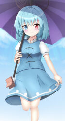 1girl absurdres blue_eyes blue_hair blue_skirt blue_sky blue_vest closed_mouth commentary_request heterochromia highres holding holding_umbrella hyakuya_iori looking_at_viewer outdoors purple_umbrella red_eyes shirt short_hair short_sleeves skirt sky smile solo standing standing_on_one_leg tatara_kogasa touhou umbrella vest white_shirt