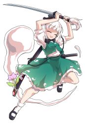 1girl :d ^_^ arms_up black_bow black_bowtie black_shoes blunt_bangs blush bow bowtie closed_eyes collared_shirt commentary_request dairi frilled_skirt frills full_body green_skirt green_vest holding holding_sword holding_weapon katana konpaku_youmu konpaku_youmu_(ghost) large_variant_set mary_janes open_mouth shirt shoes short_hair short_sleeves skirt skirt_set smile socks solo standing standing_on_one_leg sword tachi-e touhou variant_set vest weapon white_hair white_shirt white_socks