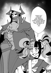 1boy 1girl armor bow choker clinickcase cloak commentary english_text fake_horns fate/grand_order fate_(series) greyscale hair_bow height_difference helmet highres hood hooded_cloak horned_helmet horns king_hassan_(fate) mask monochrome multicolored_hair open_mouth sailor_collar school_uniform sei_shounagon_(fate) sei_shounagon_(first_ascension)_(fate) serafuku shoulder_spikes signature skull_mask smile spikes sword twintails weapon zoomer_slang