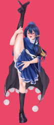 1girl absurdres black_footwear black_socks blue_dress blue_hair blush breasts commentary_request dress frilled_dress frills full_body geta hair_between_eyes hat highres iizunamaru_megumu kneehighs loafers long_bangs long_hair looking_at_viewer medium_breasts mizuki_mukawa open_mouth pink_background pointy_ears pom_pom_(clothes) red_eyes ribbon-trimmed_dress ribbon_trim shoes simple_background smile socks solo split standing standing_on_one_leg standing_split tengu-geta tokin_hat tongue tongue_out touhou