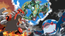 Rule 34 | animal focus, black sclera, blacknirrow, blue sky, claws, cloud, colored sclera, commentary, dark clouds, dragon, eastern dragon, english commentary, fangs, gen 3 pokemon, groudon, highres, kyogre, lava, legendary pokemon, nintendo, no humans, open mouth, outline, pokemon, pokemon (creature), pokemon focus, rain, rayquaza, sharp teeth, sky, spikes, teeth, water, white outline, yellow eyes