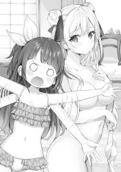 2girls ahoge bikini blush bow breasts cleavage double_bun frilled_bikini frills greyscale hair_between_eyes hair_bow hair_bun hair_ribbon highres indoors long_hair looking_at_viewer medium_breasts momoko_(momopoco) monochrome multiple_girls navel non-web_source novel_illustration nude official_art one_side_up open_mouth oshiego_ni_kyouhaku_sareru_no_wa_hanzai_desu_ka? parted_lips ribbon standing swimsuit tsutsukakushi_seika very_long_hair yayaya_yaya