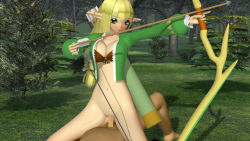 1girl 3d arrow_(projectile) blonde_hair blush bow_(weapon) bra censored elf fat fat_man forest girl_on_top green_eyes hetero holylance long_hair nature penis pointy_ears sex underwear vaginal weapon