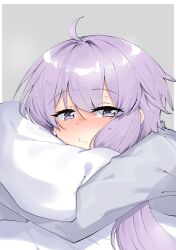 Rule 34 | 1girl, blush, eyebrows hidden by hair, grey background, grey sweater, highres, hugging object, looking at viewer, on bed, pillow, pillow hug, purple eyes, purple hair, sweat, sweater, two-tone background, voiceroid, white background, yuzuki yukari, zooanime