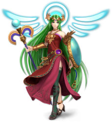 1girl 3d armpits asymmetrical_footwear asymmetrical_legwear bare_shoulders belt black_thighhighs collarbone dress female_focus green_eyes green_hair high_heels highres jewelry kid_icarus kid_icarus_uprising long_hair mismatched_footwear mismatched_legwear nintendo official_art palutena parted_bangs shield solo staff strapless strapless_dress super_smash_bros. thighhighs tiara very_long_hair