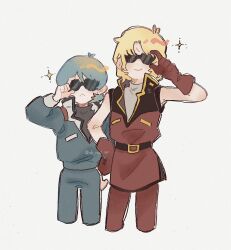 2boys :&lt; adjusting_eyewear aeug belt belt_buckle black_belt black_shirt blonde_hair blue_hair blue_jacket blue_pants buckle closed_mouth commentary cropped_legs frown gloves grey_shirt gundam hand_on_own_hip highres jacket kamille_bidan male_focus multiple_boys pants parted_bangs quattro_bajeena red_gloves red_jacket red_pants scar scar_on_face scar_on_forehead sh_no2_39 shirt short_hair simple_background smile sparkle sunglasses symbol-only_commentary turtleneck white_background zeta_gundam
