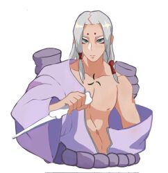 1boy bone_weapon closed_mouth commentary cropped_torso curse_seal english_commentary eyeliner facial_mark forehead_mark hair_bobbles hair_ornament holding holding_weapon japanese_clothes kaguya_kimimaro kimono looking_at_viewer makeup male_focus medium_hair megayanfeisimp monster_boy naruto_(classic) naruto_(series) open_clothes open_kimono pale_skin purple_kimono red_eyeliner rope rope_belt serious shimenawa side_ponytail simple_background solo standing torso upper_body weapon white_background white_hair
