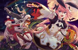 Rule 34 | 1boy, 3girls, :d, altera (fate), altera the santa (fate), ammunition belt, animal, animal ears, artist name, astolfo (fate), astolfo (saber) (fate), astolfo (saber) (third ascension) (fate), basket, bat (animal), bell, black bow, black dress, black gloves, black neckwear, black ribbon, black skirt, blonde hair, blue jacket, bow, bowtie, bradamante (fate), bradamante (second ascension) (fate), candy, candy cane, closed mouth, csyday, dress, epaulettes, fang, fate/grand order, fate (series), florence nightingale (fate), florence nightingale (santa) (fate), flying, food, formal clothes, full moon, fur trim, gloves, green neckwear, hair between eyes, hair bow, hair ribbon, halloween, hat, hippogriff (fate), holding, holding candy, holding food, jacket, juliet sleeves, layered skirt, light trail, long hair, long skirt, long sleeves, looking at another, low twintails, moon, multicolored jacket, multiple girls, night, open mouth, outdoors, outstretched hand, pantyhose, pink hair, puffy sleeves, purple eyes, rabbit ears, red eyes, red headwear, red jacket, red skirt, red suit, ribbon, riding, santa costume, santa hat, scabbard, sheath, skin fang, skirt, smile, sparkle, suit, syringe, trap, twintails, very long hair, white gloves, white jacket