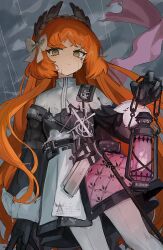 Rule 34 | 1girl, arknights, black gloves, blush, bow, clothing request, cloud, dark clouds, fire, freckles, gloves, green eyes, gun, hair bow, highres, holding, holding lantern, holstered, ishmael (project moon), lantern, leggings, limbus company, long hair, looking at viewer, orange hair, pink fire, project moon, rain, ro/ku, solo, weapon, white leggings