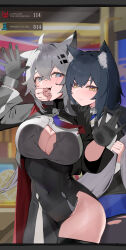 2girls absurdres against_glass ahoge animal_ear_fluff animal_ears arknights black_gloves black_hair black_pantyhose black_vest blue_eyes blue_necktie blue_shorts blush breast_press breasts breasts_on_glass closed_mouth cuffs dress_shirt finger_in_another&#039;s_mouth gloves grabbing_another&#039;s_face grabbing_another&#039;s_tail gradient_necktie grey_hair hair_between_eyes hair_ornament hairclip hand_on_glass head_grab hei_tudou highres lappland_(arknights) lappland_the_decadenza_(arknights) large_breasts long_sleeves looking_at_another multiple_girls necktie official_alternate_costume open_clothes open_mouth open_shirt pantyhose red_necktie scar scar_across_eye scar_on_face shackles shirt short_shorts shorts tail teeth texas_(arknights) texas_the_omertosa_(arknights) tongue tongue_out torn_clothes torn_pantyhose vest white_shirt wolf_ears wolf_girl wolf_tail yellow_eyes yuri