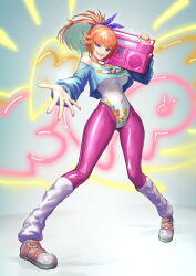 152_in_can 1girl absurdres blue_shirt breasts colored_inner_hair cropped_shirt green_hair highres hololive hololive_english jukebox large_breasts leg_warmers leotard looking_at_viewer multicolored_hair official_alternate_costume open_mouth orange_hair pants ponytail purple_eyes purple_pants shirt short_hair smile solo takanashi_kiara takanashi_kiara_(fever_night) virtual_youtuber white_footwear white_leg_warmers white_leotard