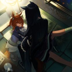 Rule 34 | 2girls, absurdres, agnes tachyon (umamusume), ahoge, animal ears, bandaged leg, bandages, belly chain, black coat, black hair, black pantyhose, black skirt, black tail, bow, bowtie, brown hair, brown tail, chemical structure, clothes grab, coat, collar grab, commentary, couch, cross-laced clothes, cup, earrings, gold embroidery, hair between eyes, highres, horse ears, horse girl, horse tail, horseshoe ornament, indoors, intertwined tails, jewelry, lab coat, long hair, long sleeves, lying, manhattan cafe (umamusume), medium hair, mujintou png, multicolored shoes, multiple girls, neckwear grab, on back, on couch, pantyhose, parted lips, pleated skirt, purple sailor collar, purple shirt, purple skirt, red eyes, sailor collar, saucer, school uniform, shirt, shoe soles, shoes, sidelocks, single earring, sitting, sitting on person, skirt, smile, spill, straddling, table, tail, teeth, tracen school uniform, two-tone shoes, umamusume, upper teeth only, white bow, white bowtie, white shoes, wide sleeves, winter uniform