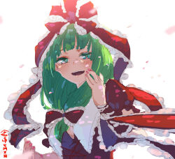 Rule 34 | 1girl, arm ribbon, blush, bow, breasts, dated, frilled ribbon, frills, front ponytail, green eyes, green hair, hair bow, hair ribbon, kagiyama hina, long hair, looking at viewer, open mouth, red bow, red nails, red ribbon, ribbon, sketch, solo, takuzui, touhou, upper body, white background