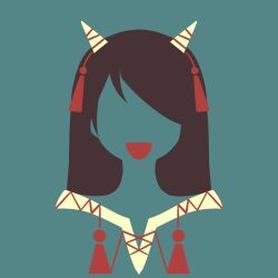Rule 34 | 1girl, black hair, green background, green shirt, highres, horns, long hair, maskin mei, minimalism, nippaku zanmu, oni horns, open mouth, shirt, simple background, solo, tassel, touhou, unfinished dream of all living ghost, vector art, white horns