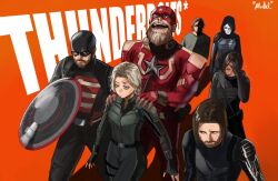beard blonde_hair brown_hair bucky_barnes dark-skinned_female dark_skin facial_hair fingerless_gloves ghost_(marvel) gloves hand_on_own_face helmet highres john_walker marvel marvel_cinematic_universe mask mugi_(mugit49) red_guardian_(marvel) sentry_(marvel) shield short_hair silhouette sweatdrop taskmaster thunderbolts_(film) yelena_belova